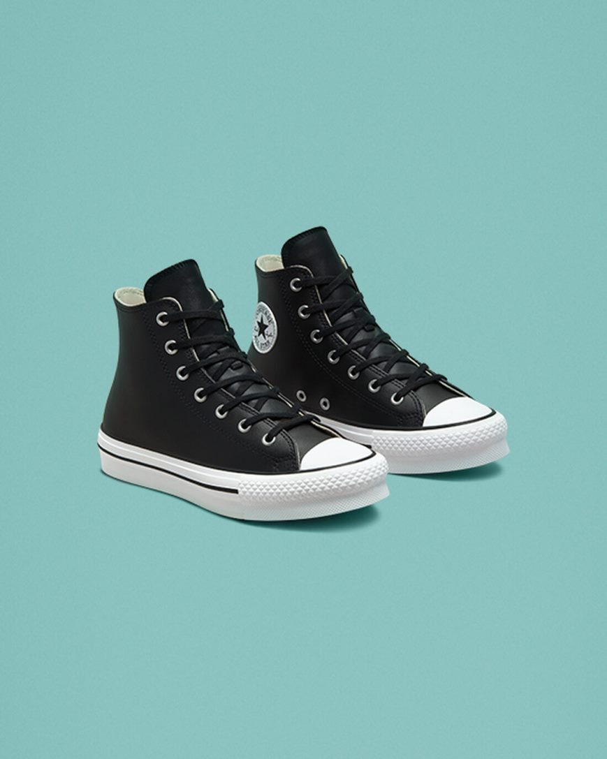 Boys' Converse Chuck Taylor All Star Lift Leather High Top Platform Shoes Black / Beige White | AU 4108CW